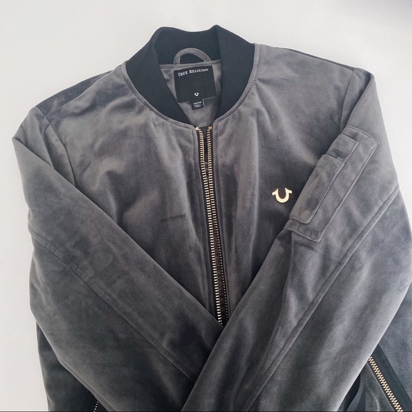 🔥NEW TRUE RELIGION PLUSH VELVET GRAY BOMBER JACKET WINTER FALL DESIGNER COZY XS - Picture 4 of 7